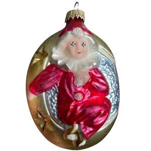 Lauscha Clown in Moon Glass Ornament Germany Christmas No ID Ribbon Hand Blown